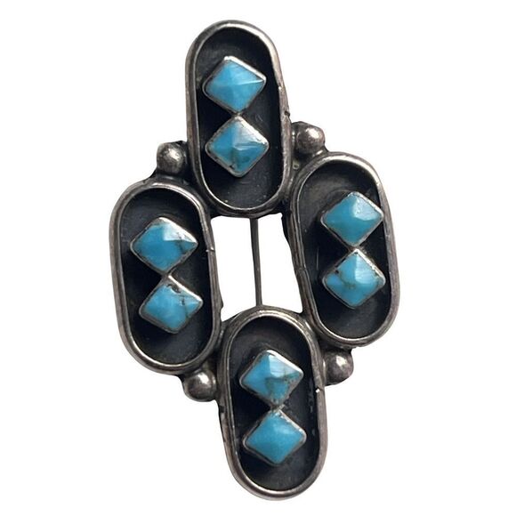Vintage Old Pawn Native American Sterling Turquoise Cluster Brooch Pin Jewelry - Picture 1 of 7